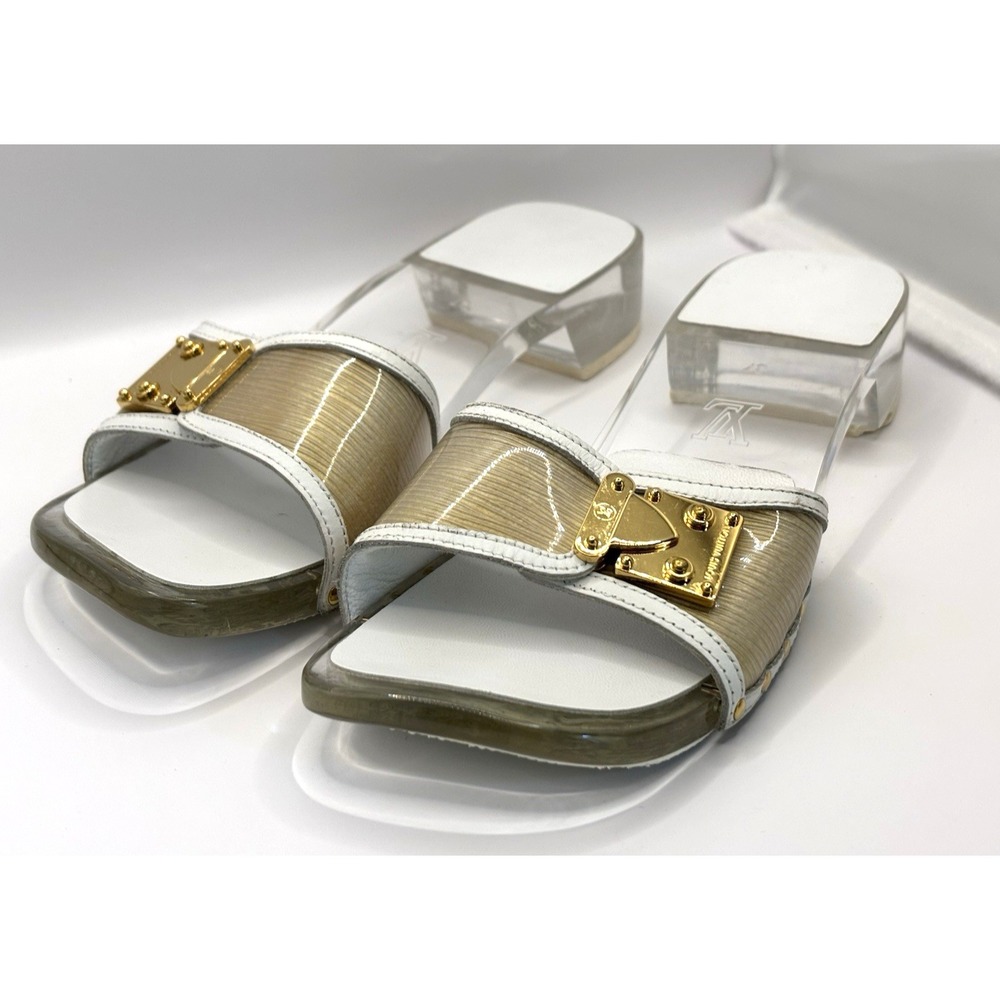 LOUIS VUITTON Sandals Women's Mule Clear Heel Gold Buckle Y2K Money- Size 7 | 37